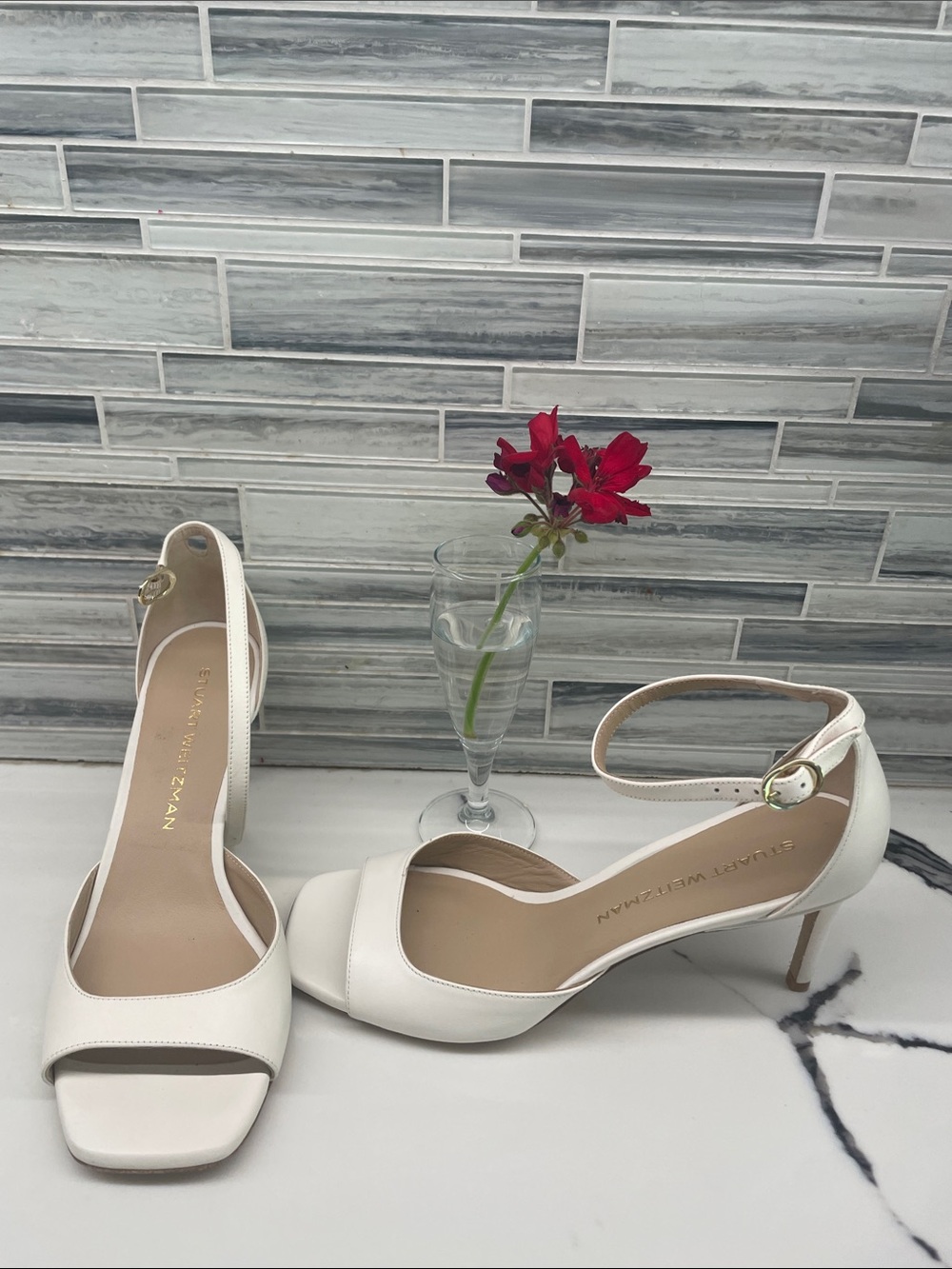 Stuart Weitzman White Leather Open-Toe Ankle-Strap Heels